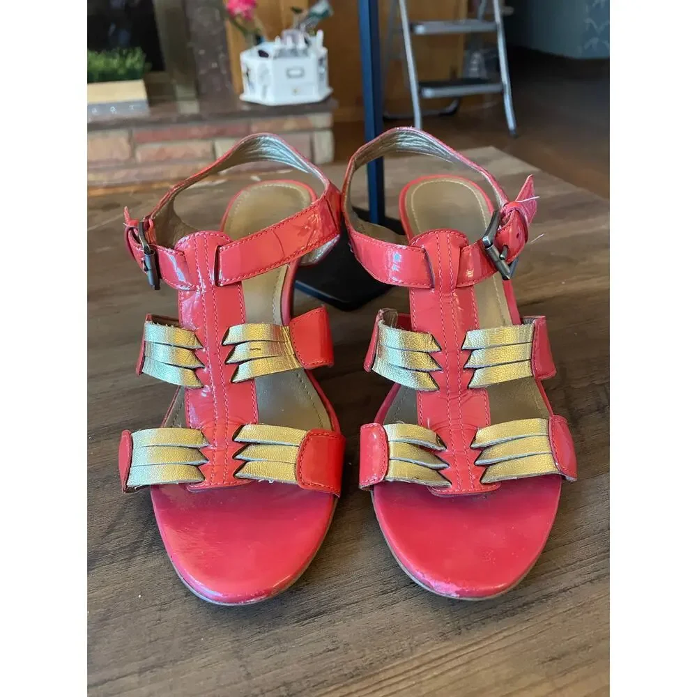 6/$25 Circa Joan & David Luxe Coral/Gold Kitten Heel Buckle Ankle Strappy Heels